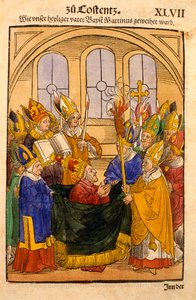 Martin V wordt geïnstalleerd als paus op het Concilie van Konstanz, uit 